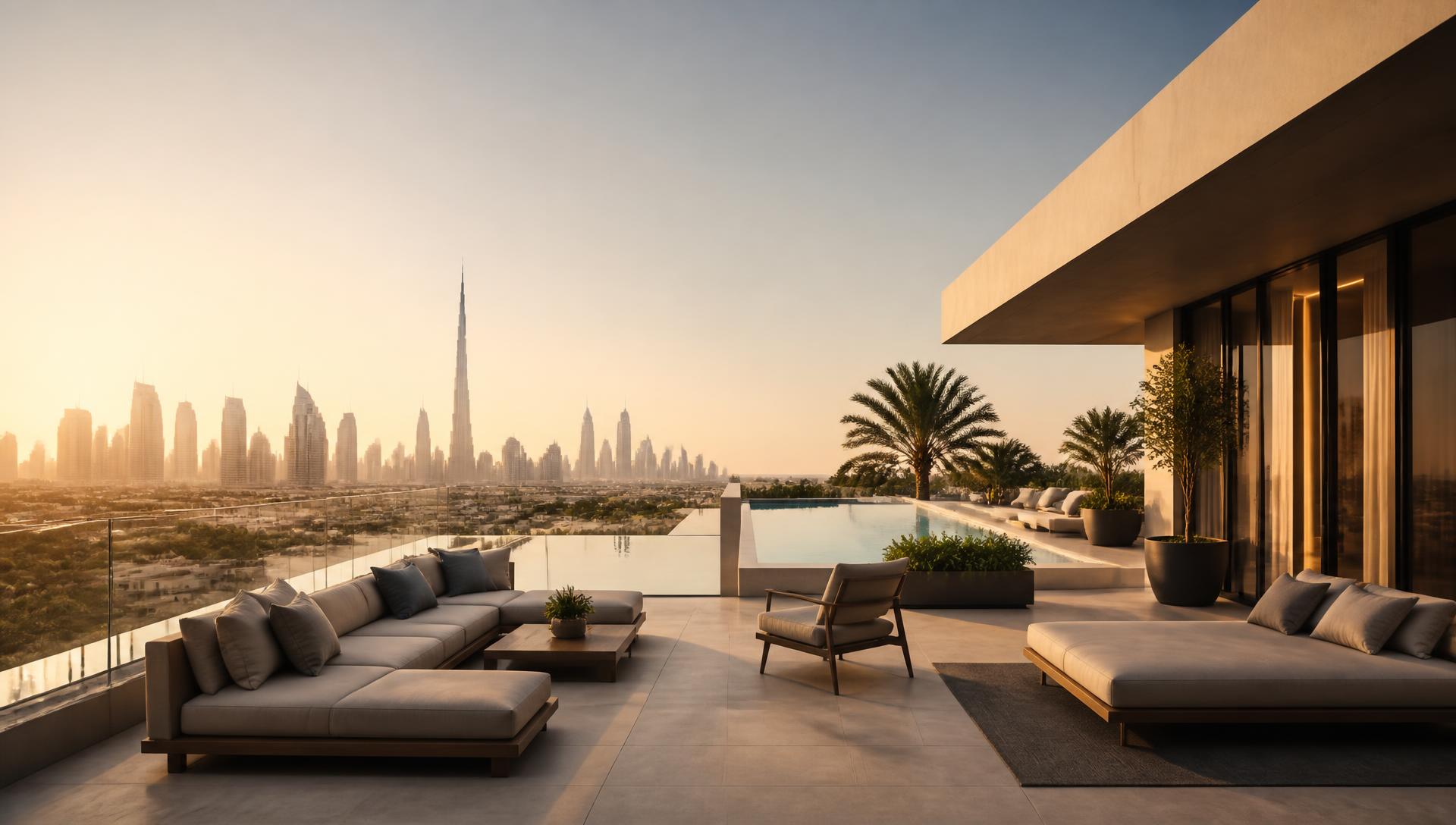 Luxury Dubai villa rooftop terrace with the Dubai skyline and Burj Khalifa on the horizon
